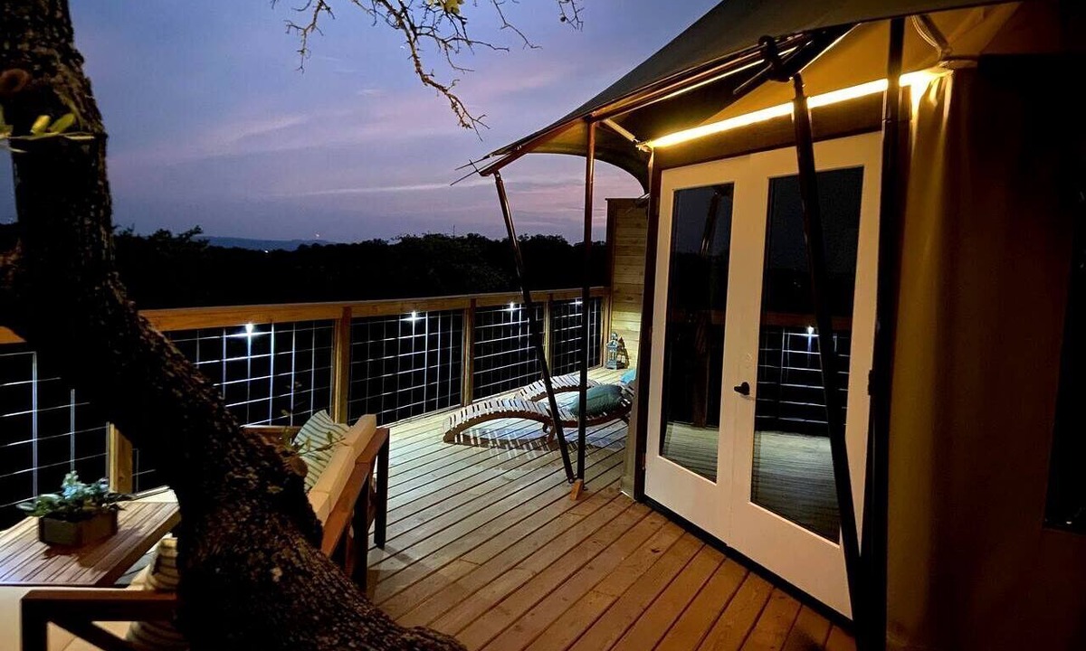 Oatmeal RV Rental | Luxury Hilltop Safari Tent with Private Hot Tub near Lake Travis in Marble Falls, Texas