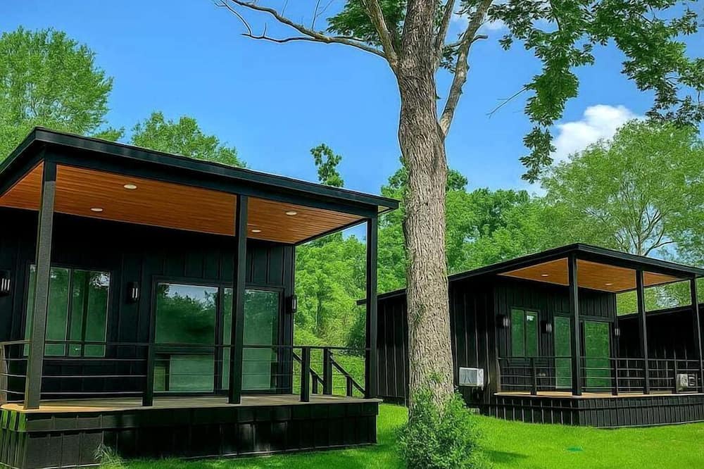 Waller Cabin | Modern Farmhouse Tiny Home Resort with Goats & Pool near Houston, Hempstead Texas