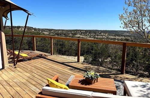 Oatmeal RV Rental | Premium Lakeview Safari Tent Getaway with Private Deck near Lake Travis in Marble Falls, Texas
